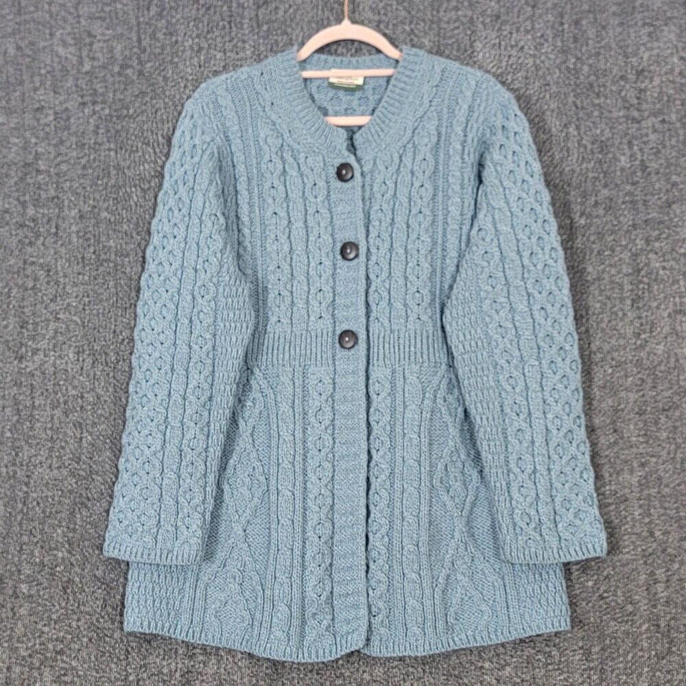 Carraig Donn Sweater Womens XL Blue Ireland Merino Wool Cable Knit Cardigan